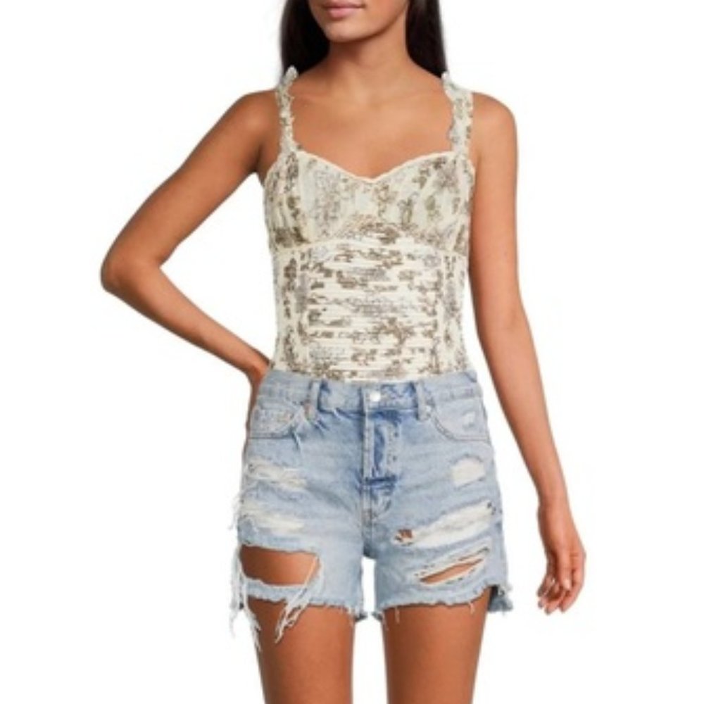 NWT Free People Weekend Plans Bodysuit Ivory Blue Corset Ruffle Size S, M, L